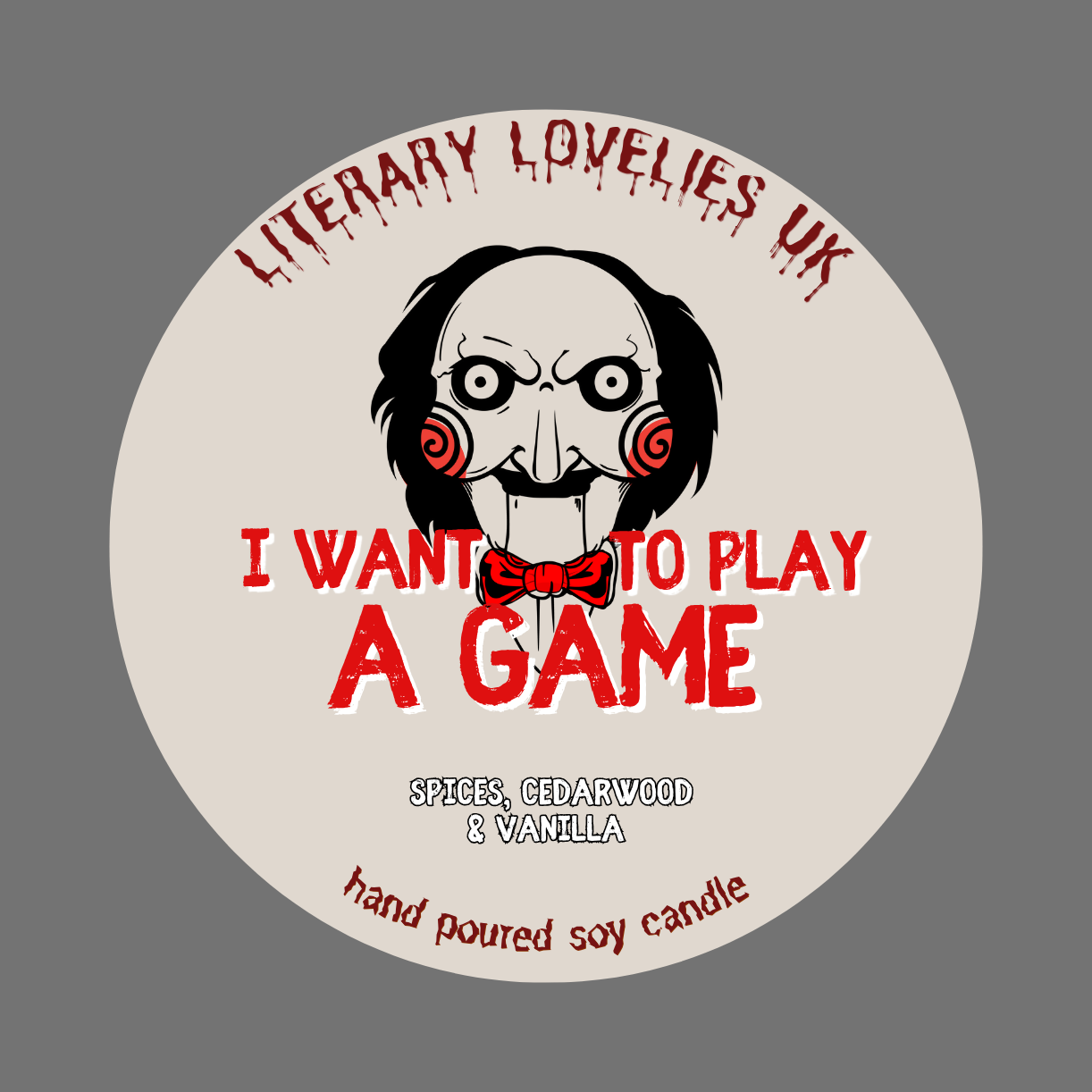 I Want to Play a Game Soy Candle - Horror Movie inspired Candle - Halloween Candle - Literary Lovelies UK