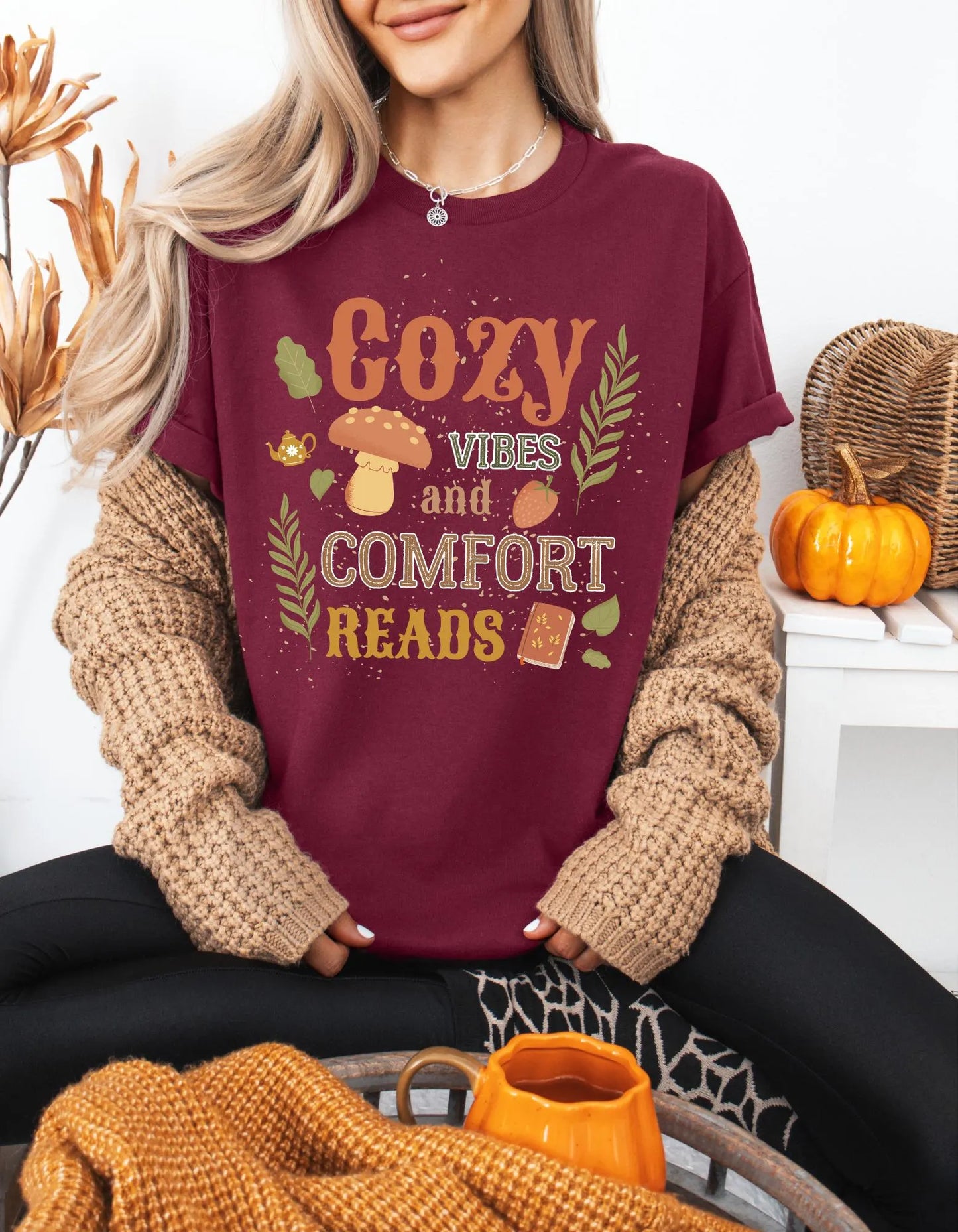 Cozy Vibes and Comfort Reads - Book Lover T-Shirt - Autumn Reading T-shirt - Literary Lovelies UK