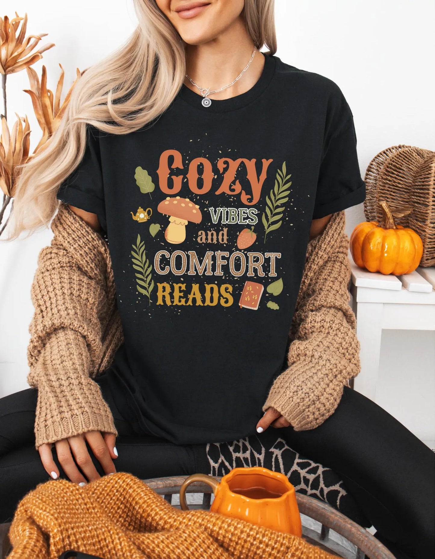 Cozy Vibes and Comfort Reads - Book Lover T-Shirt - Autumn Reading T-shirt - Literary Lovelies UK
