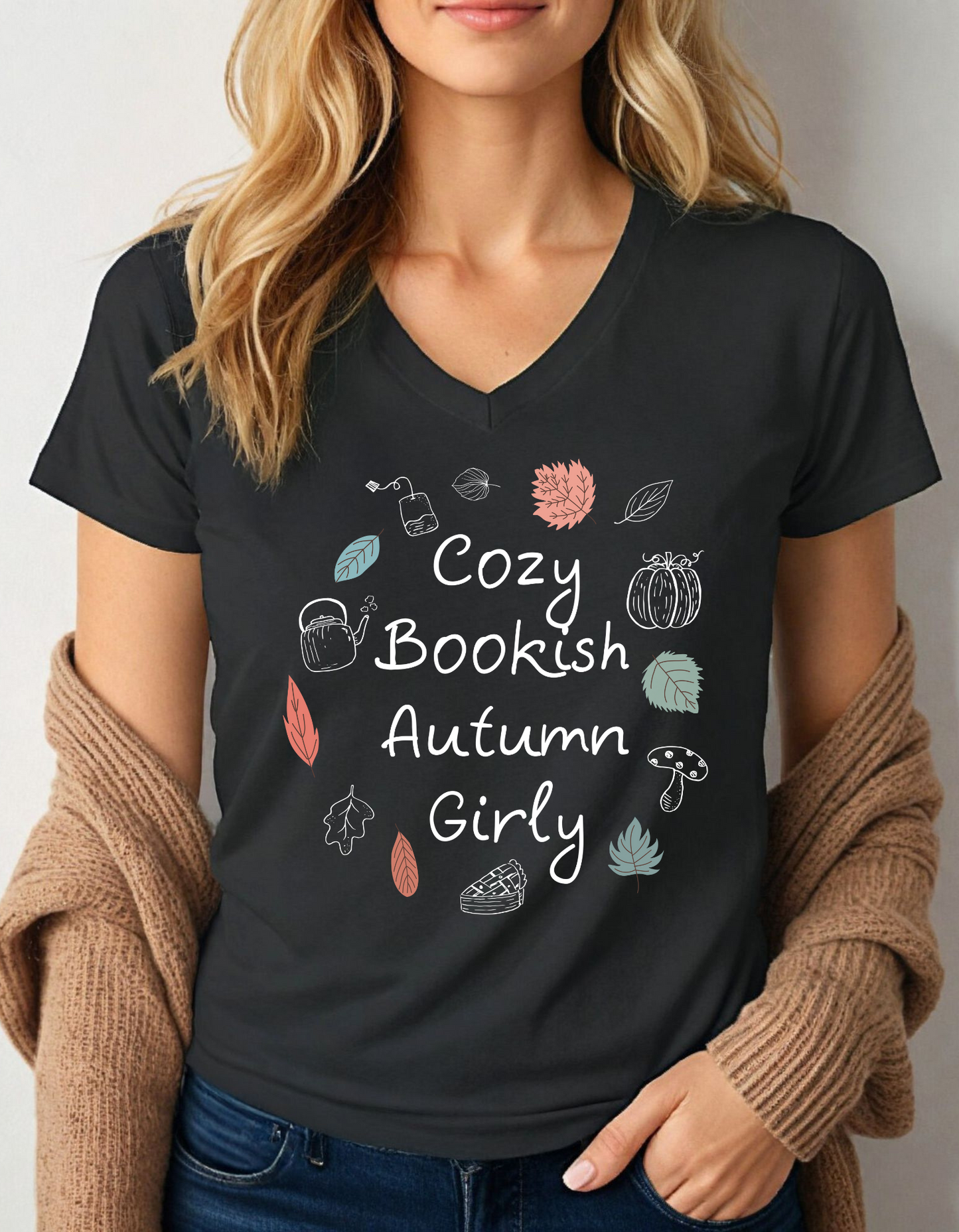 Cosy Bookish Autumn Girly V- Neck Tee