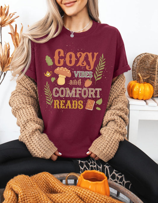 Cozy Vibes and Comfort Reads - Book Lover T-Shirt - Autumn Reading T-shirt - Literary Lovelies UK